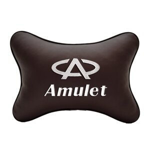 Автомобильная подушка на подголовник экокожа Coffee с логотипом автомобиля CHERY Amulet
