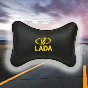 Автомобильная подушка под шею на подголовник из экокожи и вышивкой (лада) Lada"
