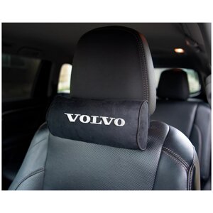 Автомобильная подушка-валик на подголовник алькантара Black c вышивкой VOLVO