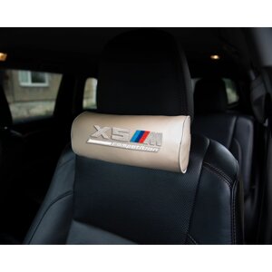 Автомобильная подушка-валик на подголовник экокожа Beige c вышивкой BMW X5M COMPETITION