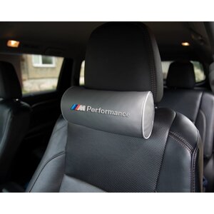 Автомобильная подушка-валик на подголовник экокожа L. Grey c вышивкой BMW M PERFOMANCE