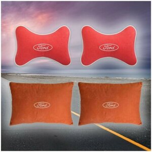 Комплект автомобильных подушек из красного велюра и вышивкой для Ford (форд) (2 подушки на подголовник и 2 автомобильные подушки)