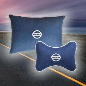 Комплект автомобильных подушек из синего велюра и вышивкой (ниссан) Nissan"подушка на подголовник и автомобильная подушка)