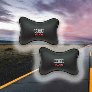Комплект автомобильных подушек под шею на подголовник из экокожи и вышивкой для Audi (Ауди) (2 подушки)