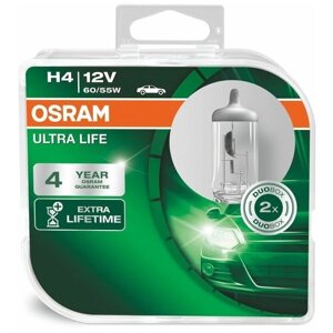 Лампа автомобильная галогенная OSRAM Ultra Life 64193ULT-HCB H4 12V 60/55W P43t-38 3200K 2 шт.
