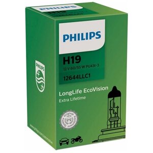 Лампа автомобильная галогенная Philips LongLife EcoVision 12644LLC1 H19 60/55W PU43t-3 3100K 1 шт.