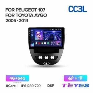 Магнитола Peugeot 107 Toyota Aygo 2005-2014 Teyes CC3L 4/64GB, штатная магнитола, 8-ми ядерный процессор, IPS экран, DSP, 4G, Wi-Fi, 2 DIN