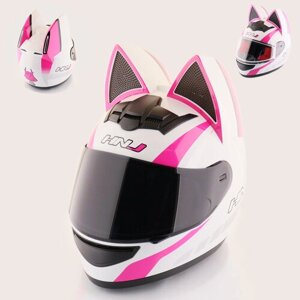 Мотошлем интеграл (size: M, женсикй, с кошачьими ушками, белый, розовый) HNJ"