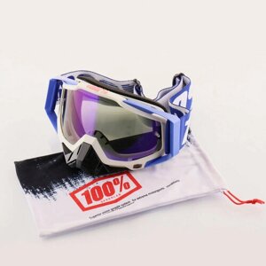 Очки защитные для мотоспорта, горнолыжного спорта, сноубординга, экстремального спорта 100%белый-синий, стекло синее, чехол)