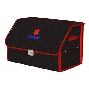 Органайзер-саквояж в багажник "Союз Премиум"размер L). Цвет: черный с красной прострочкой Соты и вышивкой Suzuki (Сузуки).