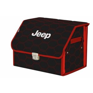 Органайзер-саквояж в багажник "Союз Премиум"размер M). Цвет: черный с красной прострочкой Соты и вышивкой Jeep (Джип).