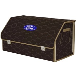 Органайзер-саквояж в багажник "Союз Премиум"размер XL Plus). Цвет: коричневый с бежевой прострочкой Соты и вышивкой Ford (Форд).