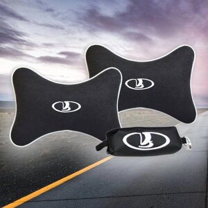 Подарочный набор автомобилиста из черного велюра для Lada (лада) (две подушки под шею на подголовник и ключница)