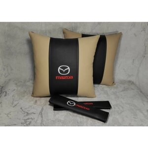 Подарочный набор: декоративная подушка в салон автомобиля из экокожи и накладки на ремень безопасности с логотипом MAZDA, комплект 3 предмета