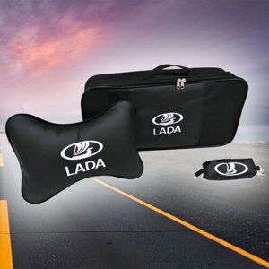 Подарочный набор для автомобилиста: Сумка-органайзер, автомобильная подушка под шею на подголовник из экокожи и ключница с вышивкой для Lada (лада)