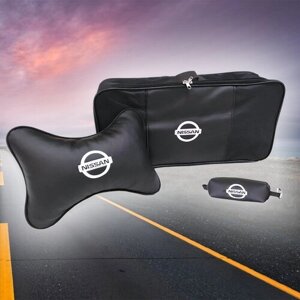 Подарочный набор для автомобилиста: Сумка-органайзер, автомобильная подушка под шею на подголовник из экокожи и ключница с вышивкой NISSAN