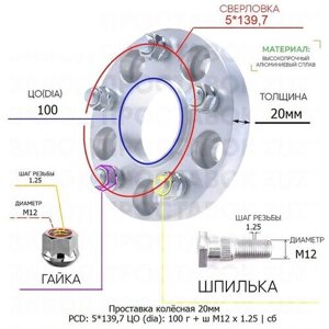 Проставка колёсная 1 шт 20мм 5*139,7 ЦО 100 Крепёж в комплекте Гайка + Шпилька М12*1,25 ступичная с бортиком для дисков 1 шт на ступицу 5x139,7