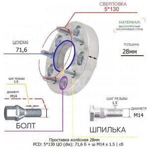 Проставка колёсная 1 шт 28мм 5*130 ЦО 71,6 Крепёж в комплекте Болт + Шпилька М14*1,5 ступичная с бортиком для дисков 1 шт на ступицу 5x130 5х130