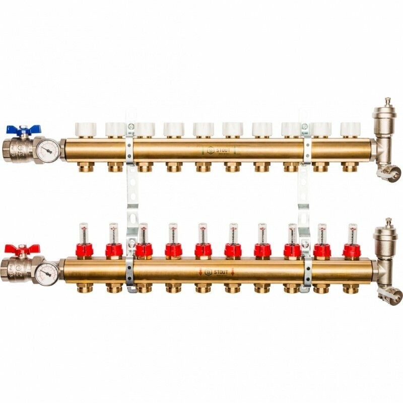 Коллектор из латуни на 10 вых. с расходомерами STOUT от компании MetSnab - фото 1