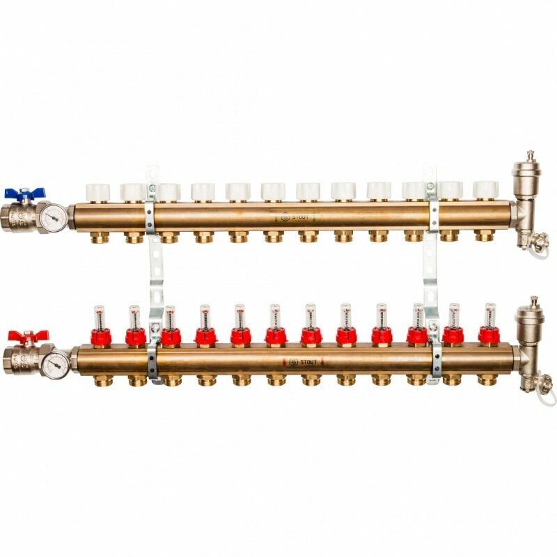 Коллектор из латуни на 12 вых. с расходомерами STOUT от компании MetSnab - фото 1