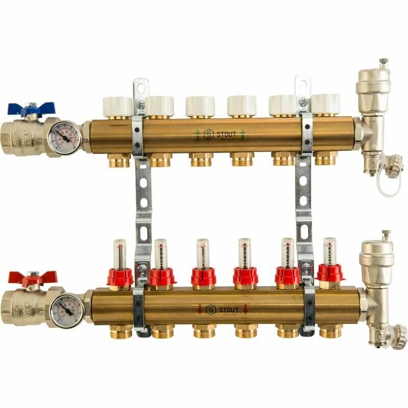 Коллектор из латуни с расходомерами на 8 выходов Stout от компании MetSnab - фото 1