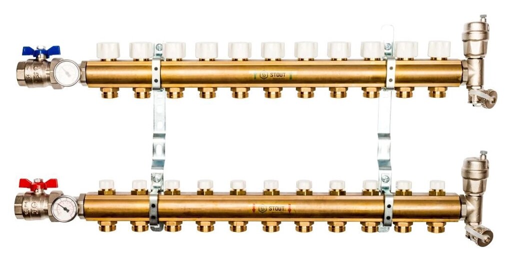 Коллектор распределительный STOUT из латуни без расходомеров 11 выходов SMB 0468 000011 от компании MetSnab - фото 1