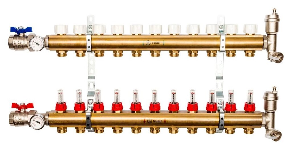Коллектор распределительный STOUT из латуни с расходомерами 11 выходов SMB 0473 000011 от компании MetSnab - фото 1