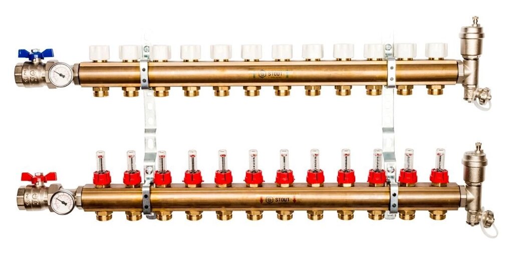 Коллектор распределительный STOUT из латуни с расходомерами 12 выходов SMB 0473 000012 от компании MetSnab - фото 1