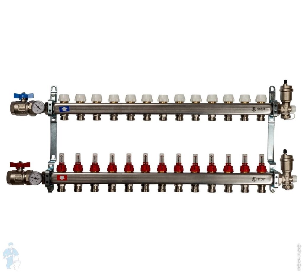*Коллекторная группа STOUT в сборе с расходомерами, 13 выходов, нержавеющая сталь, SMS 0907 000013 от компании MetSnab - фото 1
