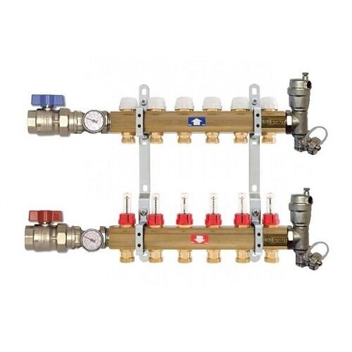 Коллекторная группа в сборе STOUT - 1quot; на 12 контуров 3/4quot; (латунь, с расходомерами) SMB 0473 000012 от компании MetSnab - фото 1