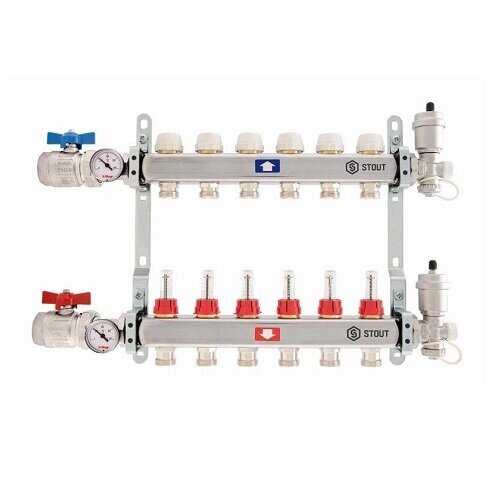 Коллекторная группа в сборе STOUT - 1quot; на 13 контуров 3/4quot; (нерж. сталь, с расходомерами) SMS 0907 000013 от компании MetSnab - фото 1