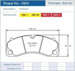 Колодки тормозные 4924-RSL1 PAGID RSL1 перед Porsche 911 Turbo, GT3 2013- ; Cayman GT4