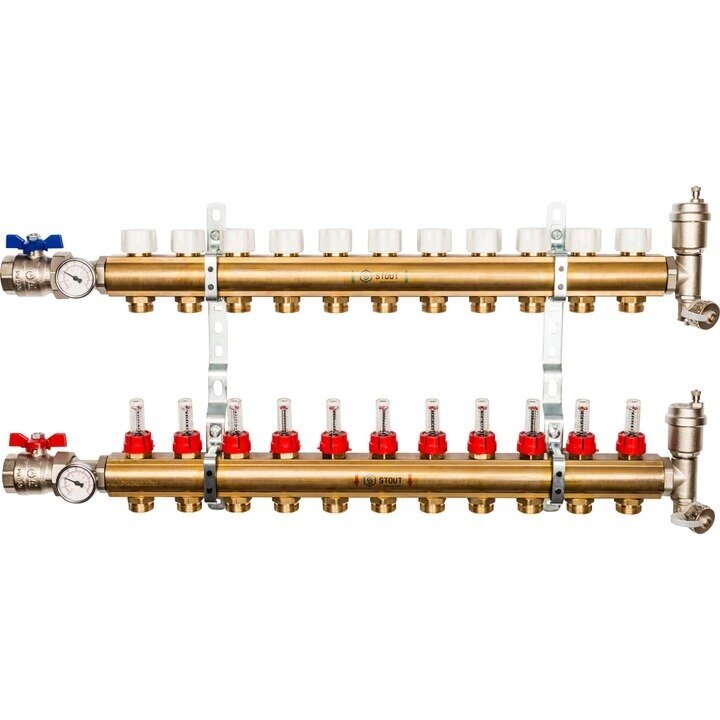 STOUT Коллекторная группа 11 выходов 1quot;-3/4quot; с расходом.(2загл. 2возд. 2сл. крана. 2кронш. 2 шар. кр) латунь от компании MetSnab - фото 1