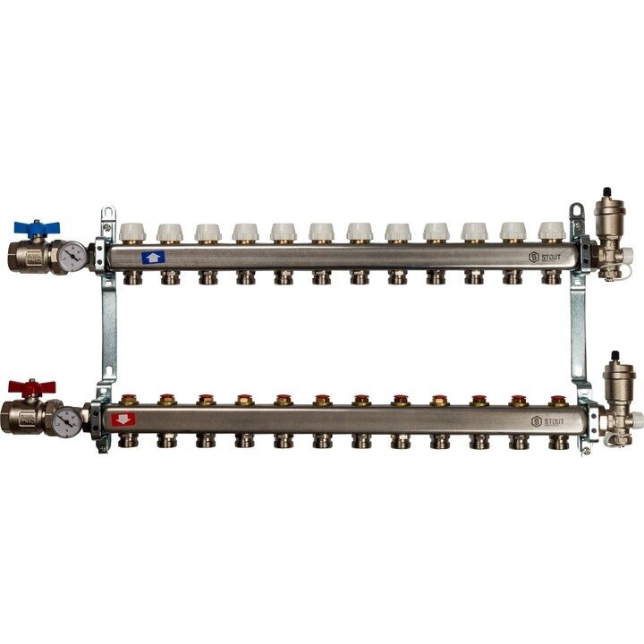 STOUT Коллекторная группа 13 выходов 1quot;-3/4quot; без расходом. (2загл. 2возд. 2сл. крана. 2кронш. 2 шар. кр) нерж. от компании MetSnab - фото 1