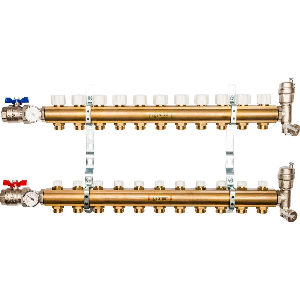 STOUT Распределительный коллектор из латуни без расходомеров 11 вых. SMB 0468 000011 от компании MetSnab - фото 1