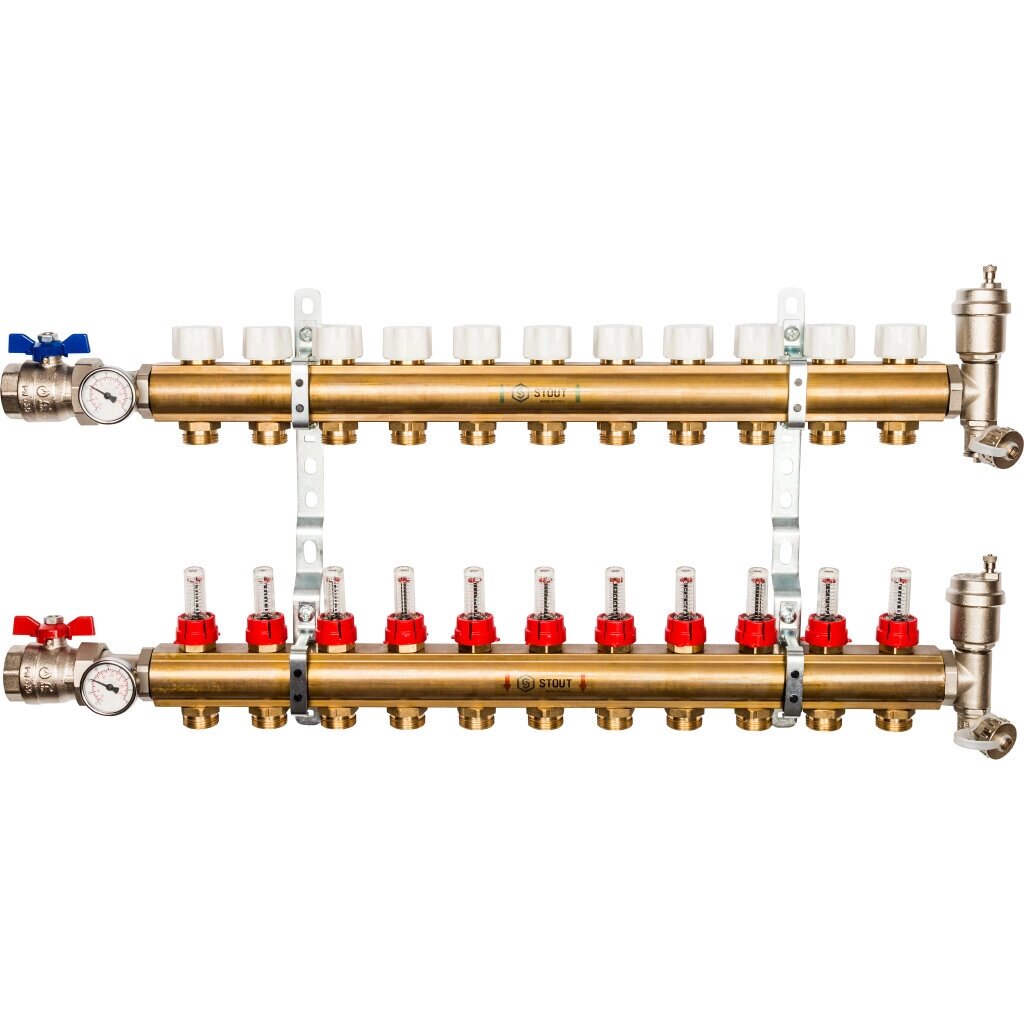 STOUT Распределительный коллектор из латуни с расходомерами 11 вых. SMB 0473 000011 от компании MetSnab - фото 1
