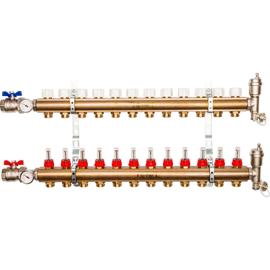 STOUT Распределительный коллектор из латуни с расходомерами 12 вых. SMB 0473 000012 от компании MetSnab - фото 1