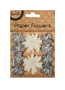 Цветы с бусинами Paper Flower, 2 больших и 8 маленьких на карточке крафт в пакете с подвесом, серые и белые