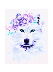 Холст с красками по номерам Белый волк с цветами, 17 х 22 см
