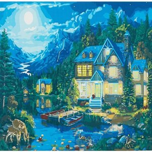 Холст с красками по номерам Дом у ночного озера, 40 х 50 см