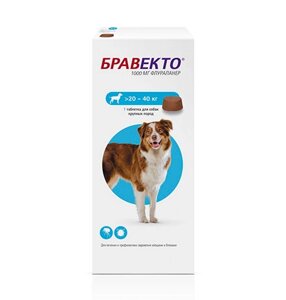 Intervet Bravecto / Жевательная таблетка Бравекто от Блох и Клещей для собак весом 20 - 40 кг 1000 мг