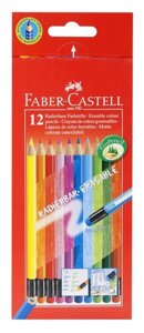 Карандаши цветные 12цв COLOR PENCILS с ластиками, шестигранные, к/к, подвес, Faber-Castell