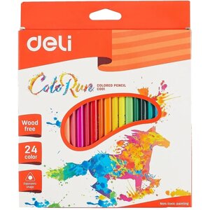 Карандаши цветные 24цв Color Run пластик., трехгранные, к/к, подвес, DELI