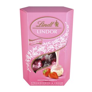 Конфеты Lindt Lindor из белого шоколада с нежной, тающей начинкой Клубника и Сливки 200 г