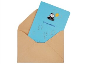 Открытка со значком Панда С Днем рождения!15х11) (конверт) (картон, металл)
