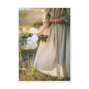 Постер Лакарт Дизайн Девушка и цветы в белой деревянной раме 50х70 см