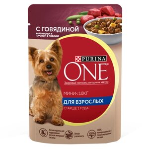 PURINA ONE ADULT / Влажный корм Паучи Пурина УАН для взрослых собак мелких пород с говядиной (цена за упаковку)