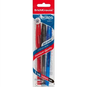 Ручки гелевые 03цв R-301 Original Gel Stick 0.5мм, синяя, черная, красная, подвес, Erich Krause
