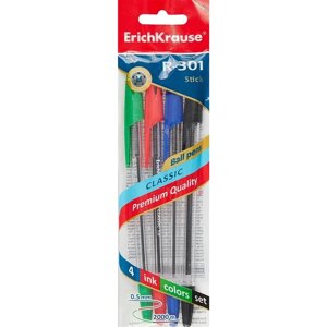 Ручки шариковые 04цв R-301 Classic Stick 1.0мм, синяя, черная, красная, зеленая, подвес, Erich Krause