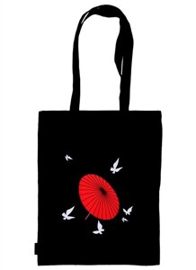Сумка-шоппер Аниме Японский зонтик и бабочки черная, текстиль, 40см. 32 см.